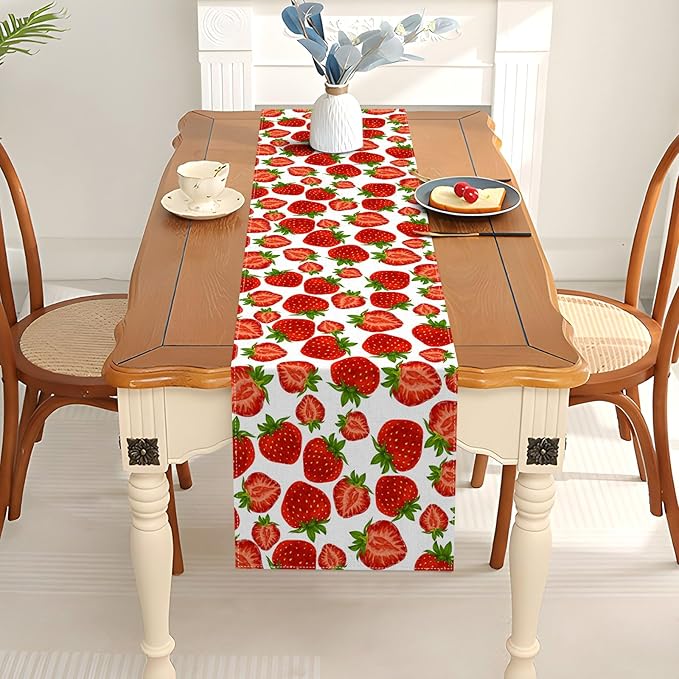 Pudodo Strawberry Table Runner Spring Summer Fruit Strawberry Themed Birthday Baby Shower Party Kitchen Dining Home Decoration (13" x 108")