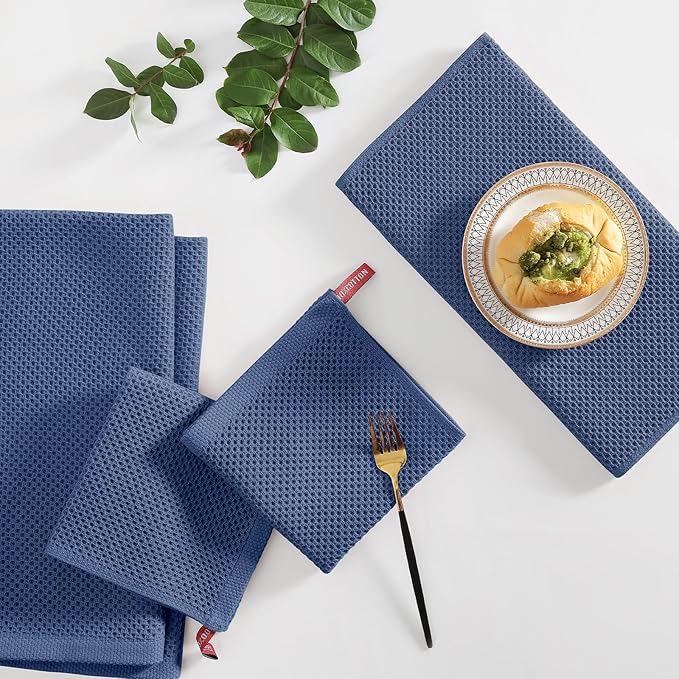 Homaxy 100% Cotton Kitchen Towels and Dishcloths Set, 12 x 12 Inches and 13 x 28 Inches, Set of 10 Bulk Kitchen Towels Set, Ultra Soft Absorbent Dish Cloths for Washing Dishes, Navy Blue