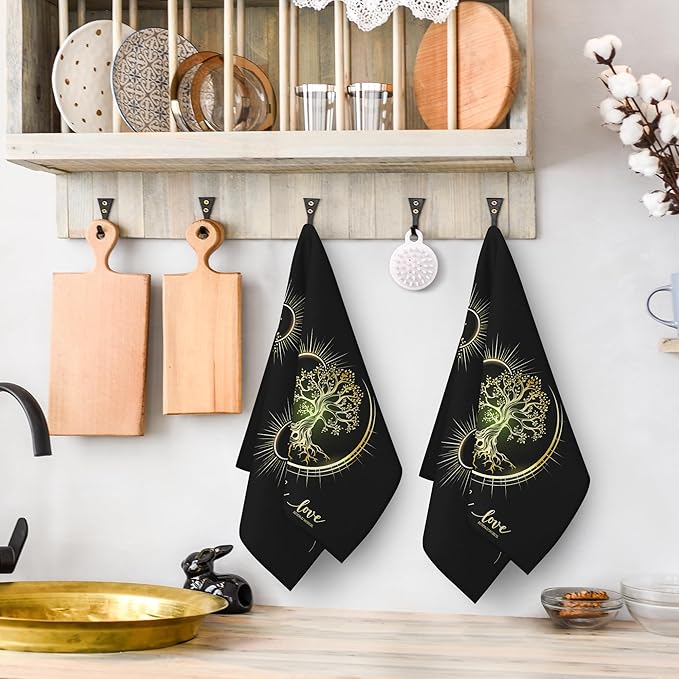 Live Laugh Love Kitchen Towels Decorative Set of 2, Absorbent Tree Life Tea Towels Hand Towels for Kitchen,Hippie Witchy Kitchen Decor Aesthetic,Cute Moon Dish Towels for Kitchen Drying