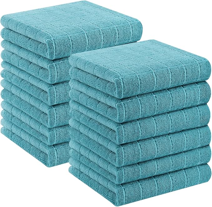 Homaxy 100% Cotton Terry Kitchen Towels(Lake Blue, 13 x 28 inches), Checkered Designed, Soft and Super Absorbent Dish Towels, 12 Pack