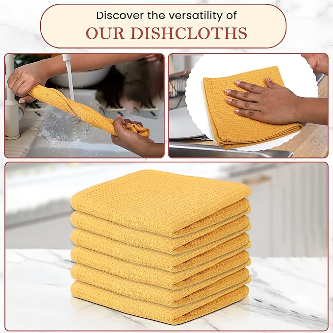 Vintage Vista 100% Cotton Waffle Dish Cloths (Pack of 6) - Dish Rags for Washing Dishes - Reusable & Highly Absorbent Kitchen Towels - Kitchen Rags fo Easter - (12" x 12" - Yellow)