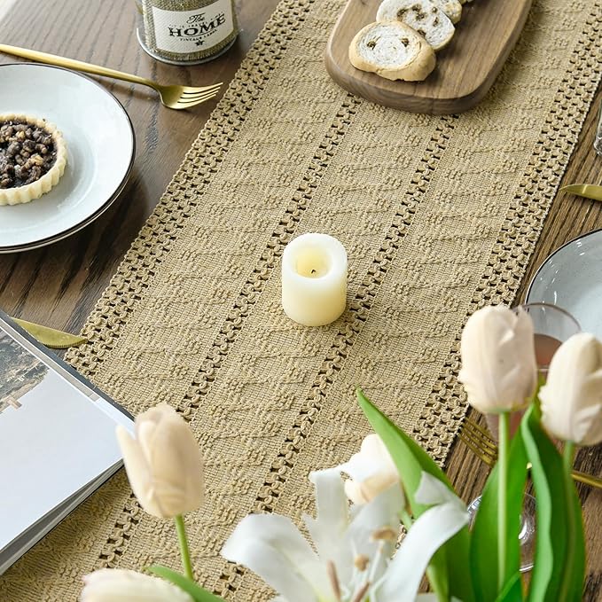 Artoid Mode Burlap Brown Farmhouse Woven Rustic Hollow Table Runner, Seasonal Holiday Hollow Kitchen Dining Table Decoration for Home Party Decor 12x60 Inch