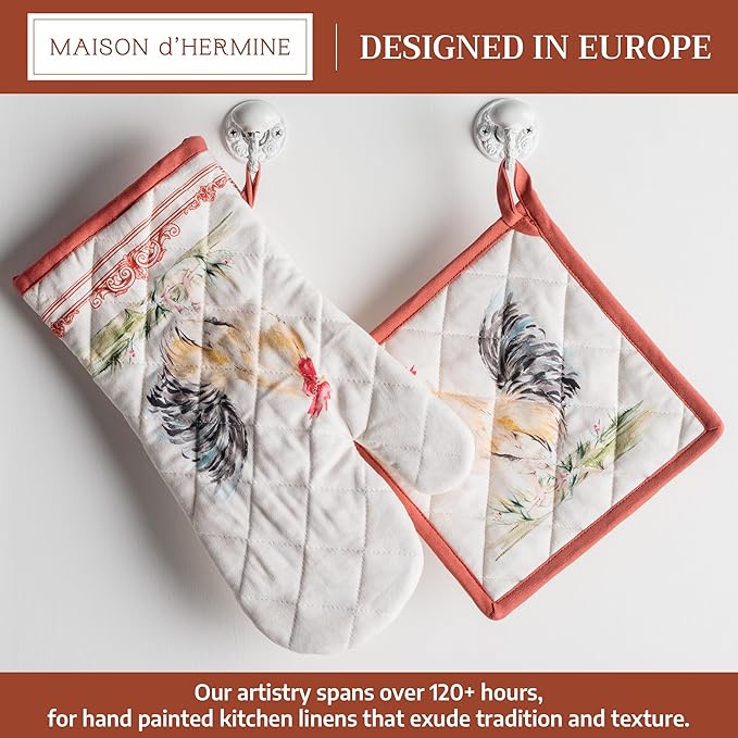 Maison d' Hermine 100% Cotton Oven Mitt & Pot Holder Set (7.5"x13" & 8"x8") Heat Resistant BBQ Cooking Gloves with Loop Baking Grilling Kitchen Gifts for Mothers Day Spring/Summer (Campagne)