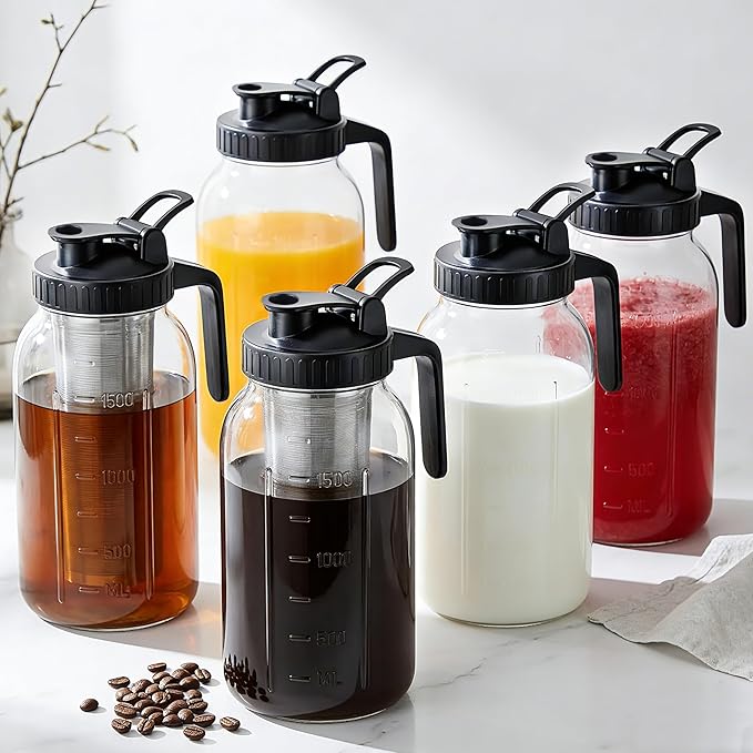 Cold Brew Coffee Maker 32 Oz Wide Mouth Mason Jar Pitcher With stainless steel Filter 1 Quart Airtight & Leak-Proof cold brew pitcher with pour spout lid and handle For iced Coffee Tea and lemonade
