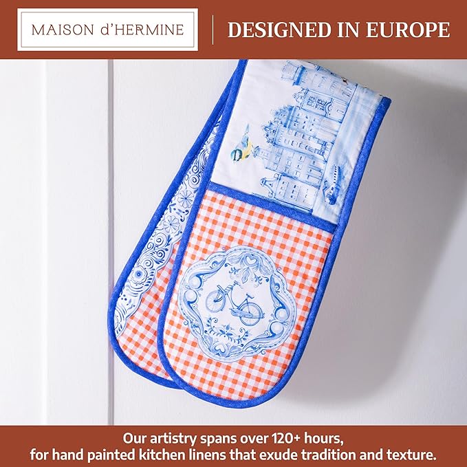 Maison d' Hermine Double Oven Mitts 100% Cotton 7"x35" Double Oven Mitt Heat Resistant BBQ Cooking Gloves with Loop Baking Grilling Gifts for Mothers Day Spring Summer (Amsterdam Canals)