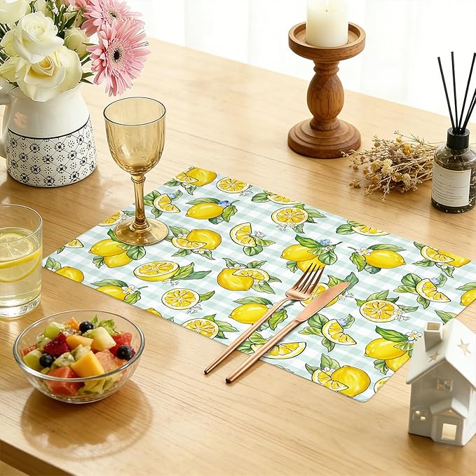 comfoyar Summer Lemon Placemats Set of 4, 12x18 Inch Non-Slip Linen Flower Leave Place Mats, Washable Absorbent Plaid Table Mats for Kitchen Dining Party Table Decoration