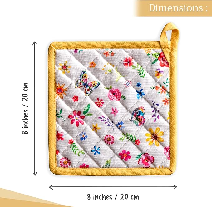 Maison d' Hermine Pot Holders 100% Cotton Heat Resistant Potholders 8" x 8" Hot Pads with Loop Baking Gifts for Mothers Day Handling Hot Pans Spring/Summer (Pack of 2, Happy Florals - Sweety)