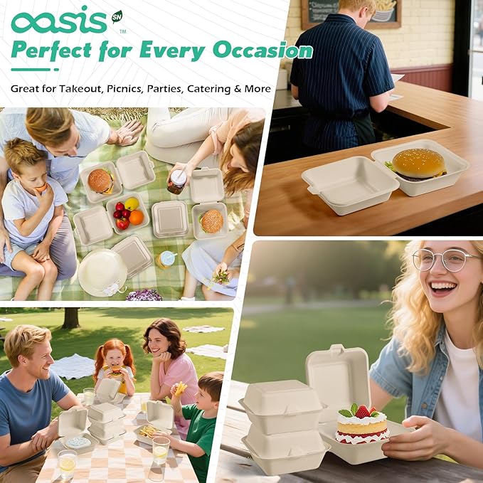 𝟲𝘅𝟲", 𝟭𝟮𝟴-𝗣𝗮𝗰𝗸 Compostable Clamshell Take Out Food Containers, Biodegradable Bagasse Paper To-Go Boxes for Burgers, Sandwiches, Cake, Eco-Friendly, Microwave & Freezer Safe (Natural)