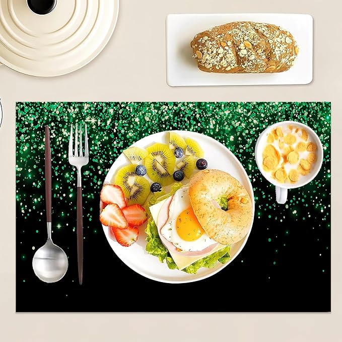 Placemats Set of 6 Linen Washable Kitchen Dining Green Glitter Table Mats Stain Heat-Resistant Desktop DécorPlace Mats for Home Party Indoor 12x18 in