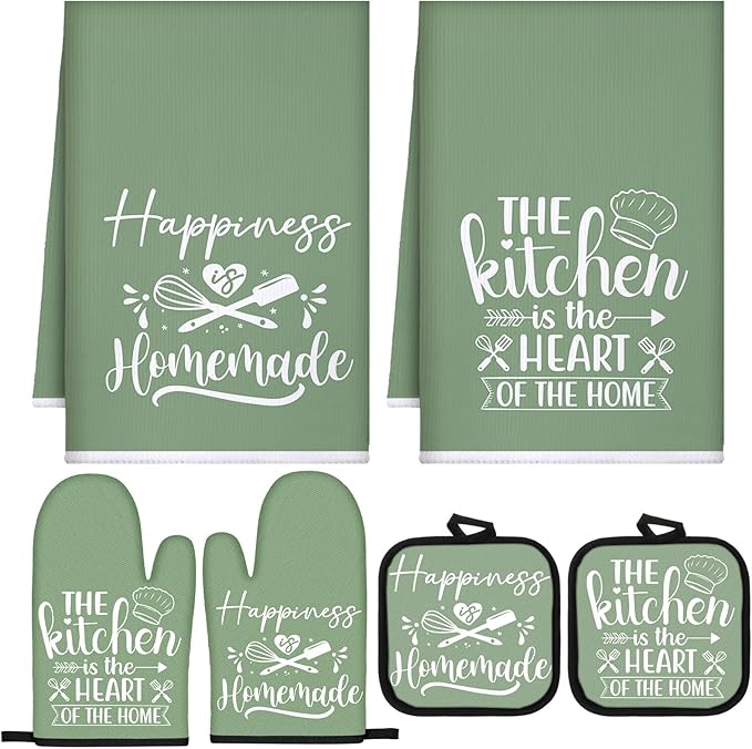 Sratte 6 Pcs Kitchen Decor Accessories Set Farmhouse Towels Pot Holders Oven Mitts Set 2 Dish Towels 2 Potholders 2 Cooking Mittens Oven Glove for Christmas Baking Cooking Supply(Sage Green,Kitchen)