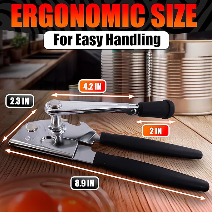 Heavy Duty Commercial Can Opener – Stainless Steel Can Opener for Large & Small Cans, Manual 360° Smooth Crank with Ergonomic Long Handles, Non-Slip Grip, 2-in-1 Bottle Opener for Restaurants & Home