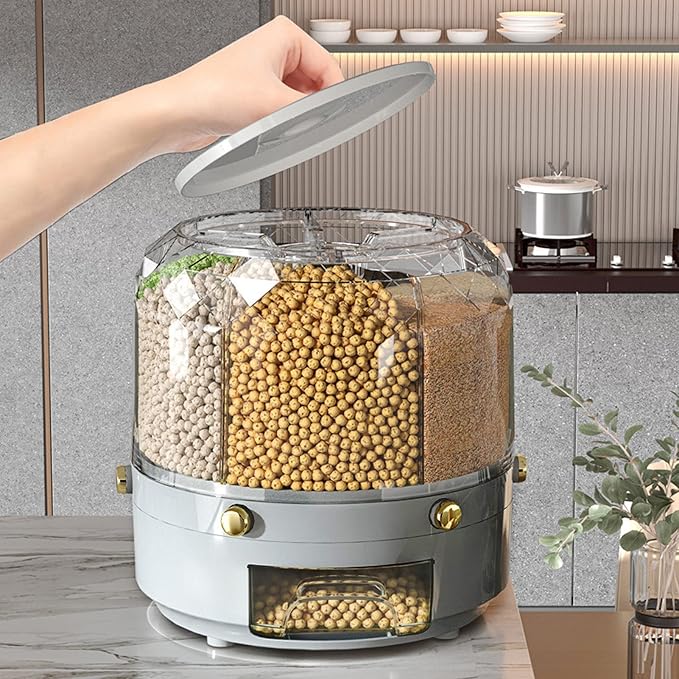 Grain Storage Container Rotatable Rice Dispenser Box 6 Grid Grain Dispenser 360 Degree Rotating Food Dispenser Cereal Dispenser Countertop for Beans Rice Grains(grey)