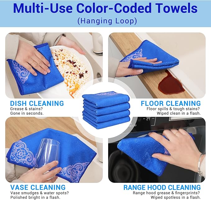 YUA Microfiber Cleaning Cloth 12 Pack,Microfiber Towels Cleaning,Microfiber Towels for Cars,Absorbent Dish Washing Cloth,Reusable Cleaning Cloths Lint Free (Blue Corner Flower)