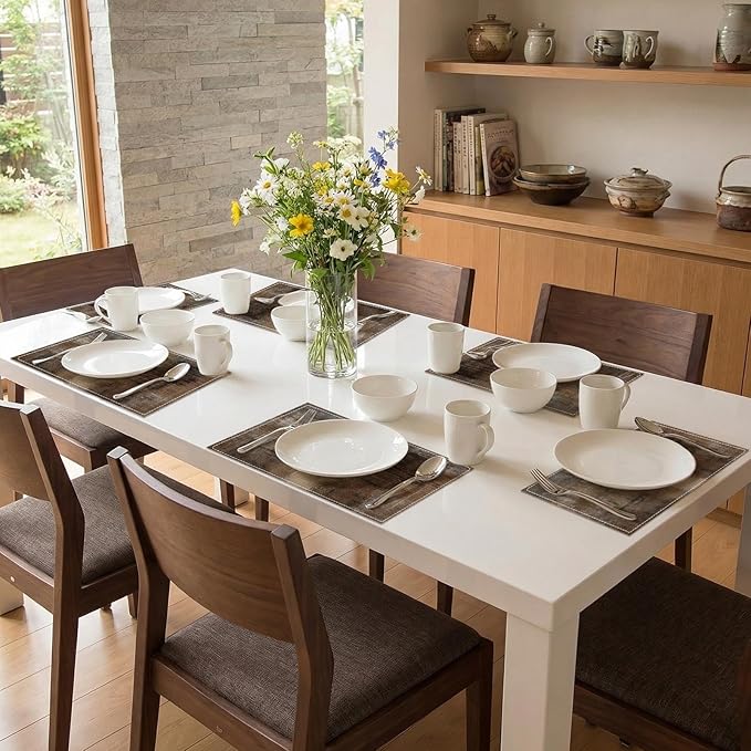 Emvency Farmhouse Placemats Set of 6,12x18 Inch Linen Rectangular Place Abstract Rustic Neutral Modern Brown Table Mats for Indoors & Outdoor Home Party Kitchen Dining Decoration