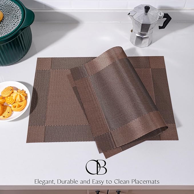 Placemats Set of 8 - Easy Clean Woven Vinyl Placemats for Dining Table, Indoor/Outdoor Place Mats, Washable PVC Table Mats（Brown Cube）