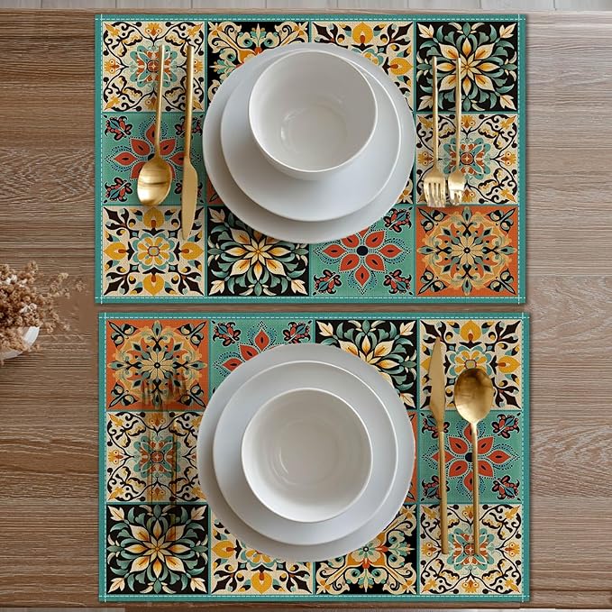 HOMETITUTE Placemats Set of 4 Linen 12x18 Inch Washable Table Mats Colorful Vintage Pattern Place Mats Farmhouse Style Autumn Placemats Kitchen Dining Table Decor
