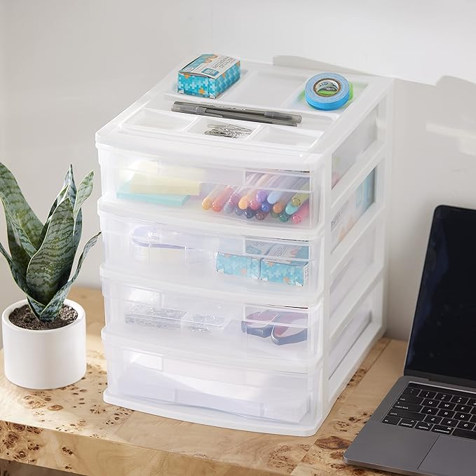Gracious Living Drawer Organizer, 4-Tier Plastic Storage Desktop Drawers, White Frame - Desk Containers for Bathroom, Bedroom, Office, and Classroom Organization