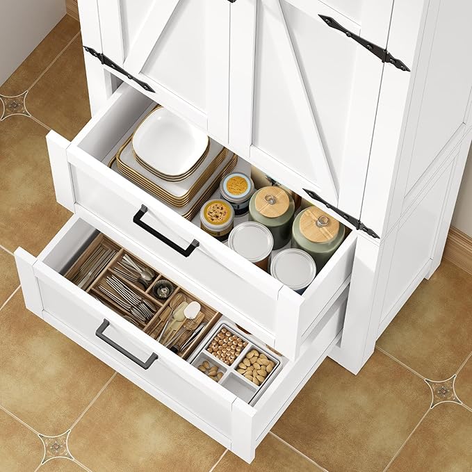 TEENFON 66.2" H Storage Cabinet with 2 Drawers, Farmhouse Kitchen Pantry Cabinet with 2 Doors & Adjustable Shelf, Bathroom Cabinet, for Living Room, Kitchen, Bathroom, White