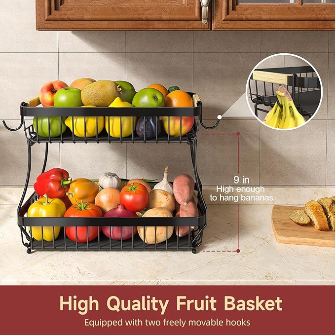 Sevenblue 2 Tier Large Fruit Basket for Kitchen Counter with 2 Mobile Banana Hangers, 2026 Pro Detachable Metal Fruit Bowl with Wooden Handle (Brown, 3 Tier)