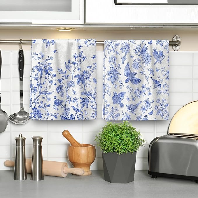 Chinoiserie Floral Kitchen Dish Towels 16x24 Inch, White Blue Flowers Bird Absorbent Tea Hand Towels for Kitchen Cooking Baking Farmhouse Holiday Decoration Set of 4, Chinoiserie Decor