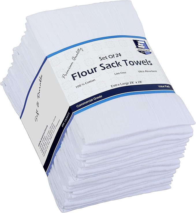 Flour Sack [White, 24 Pack] 100% Cotton Kitchen Towels, 28"x28" Cloth Napkin, Dish Cloth, Bar Mops, Tea Towel, Bread Wrapper.
