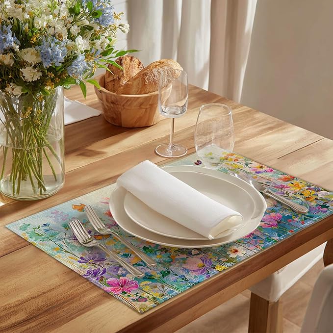 HOMETITUTE Placemats Set of 4 12x18 inch Spring Table Mats for Dining Table Floral Field Linen Placemats Farmhouse Decorations Kitchen Decor Desk Mat for Outdoor Home Party Kitchen Seasonal Dining