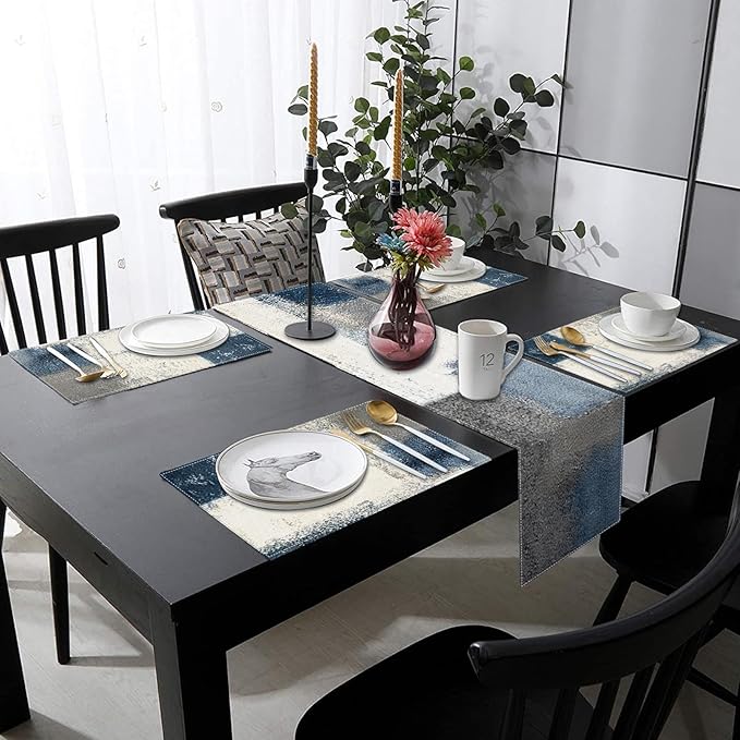 ArtSocket Farmhouse Table Runner and Placemats Set of 6, Abstract Blue Grey Painting Art Dining Decor for Daily Use(1 Table Runner 72 inches Long and 6 Placemats)
