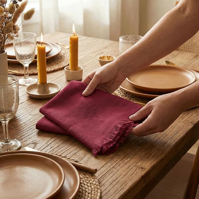 ACCENTHOME Burgundy Cotton Linen Napkin Set of 12 18x18 inch Dinner Napkins - Washable Soft Premium Hotel Quality Reusable Hemmed Edges Napkins Perfect Table Linens for Family Dinners, Weddings