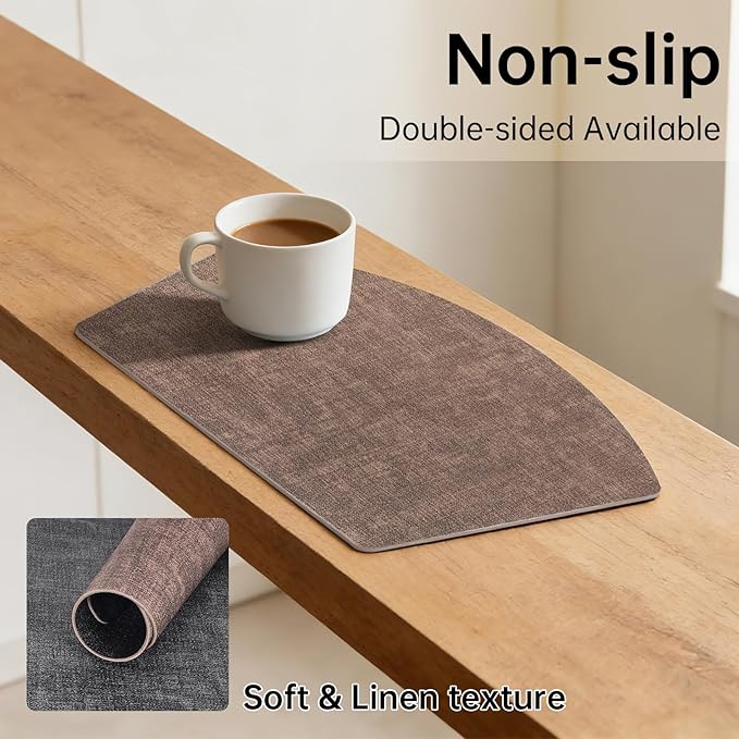 Round Table Placemats Set of 6, Dual-Sided Wedge Shape Faux Leather Table Mats, Washable Wipeable Heat Resistant Place Mats for Outdoor Indoor, Brown Gray