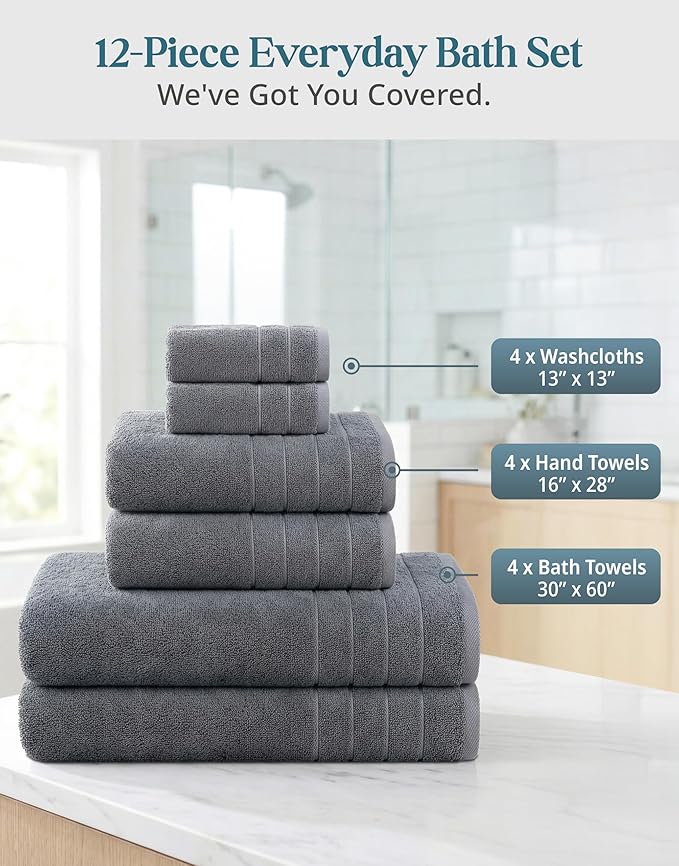 Casa Platino 100% Cotton Towels Set for Bathroom - 12 Pc Family Pack - Super Soft & Quick Dry - 4 Bath, 4 Washcloth, 4 Hand Towels - Oeko TEX Certified, Machine Washable & Durable - Cool Grey