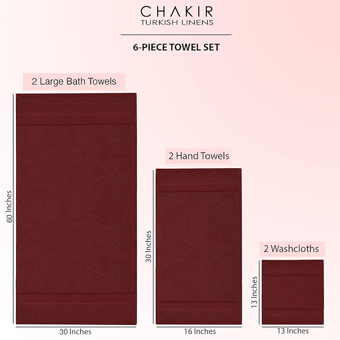 Chakir Turkish Linens 100% Cotton Premium Turkish Towels for Bathroom, 2 Large Bath Towels 36x60, 2 Hand Towels, 2 Washcloths (6-Piece Towel Set, Cranberry)