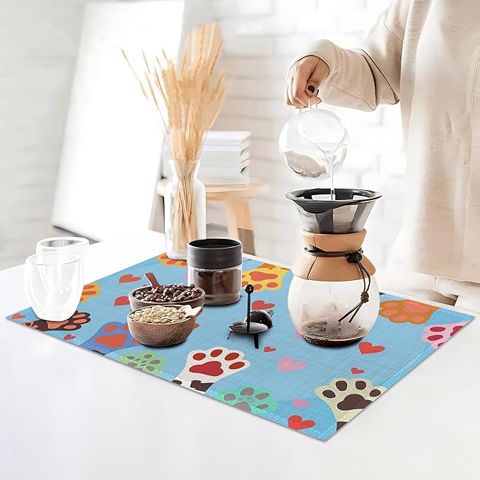 Cute Paws Placemats Set of 6,Dog Cat Table Mates Non-Slip Heat Resistant Washable Linen Place Mats for Party Kitchen Dining Decoration Indoor Outdoor 12"x18"