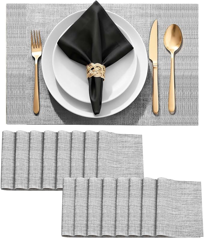 Durable Vinyl Placemats Set of 16, Non-Slip for Dining Table Mat, Heat Resistant Place Mats, Washable Anti-Slip PVC Easy to Clean Wipeable Premium Plastic Mats for Kitchen Grey