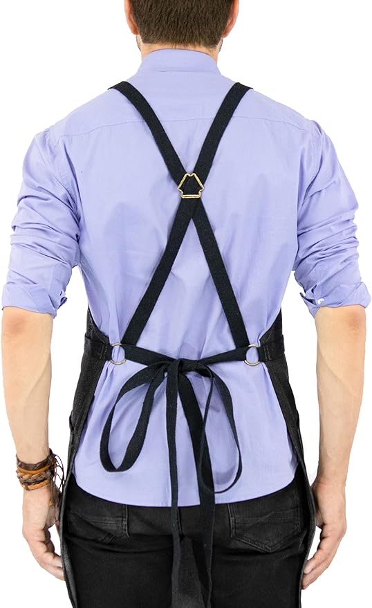 Under NY Sky Essential Black Denim Apron – Cross-Back with Leather Reinforcement – Adjustable for Men and Women – Pro Chef, Tattoo Artist, Baker, Barista, Bartender, Server Aprons