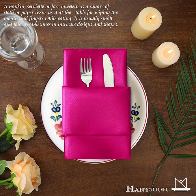 Manyshofu 60 Pieces Hot Pink Satin Napkins - 20x20 Inches Cloth Napkins, Square Satin Fabric Napkin Set - Soft & Reusable Table Napkin for Wedding Dinner Party Lunch