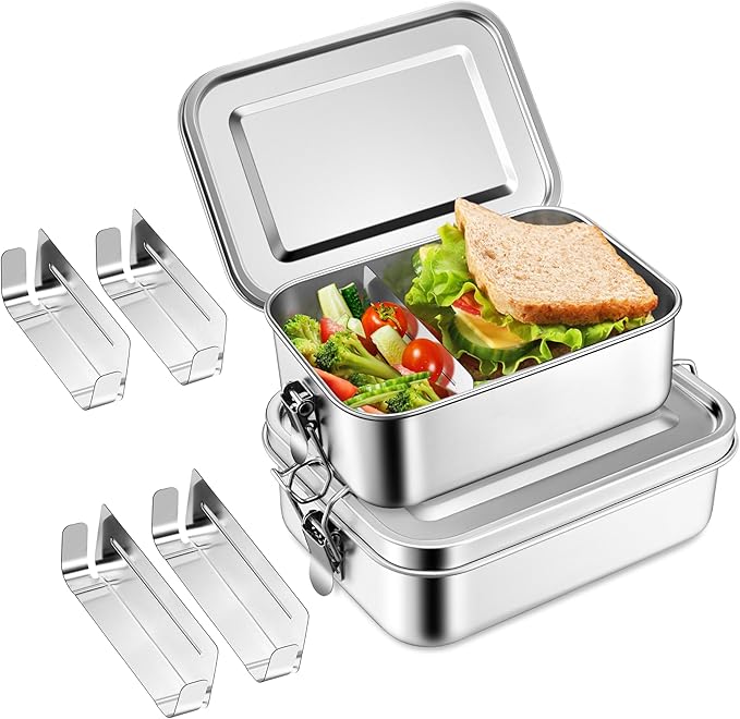 TeamFar Stainless Steel Bento Box, 2 Pack 28oz+47oz Metal Lunch Box with 3 Compartments for Adults Kids, 850ml+1400ML Lunch Food Containers for School/Work/Meal Prep, Leak-Proof & Dishwasher Safe
