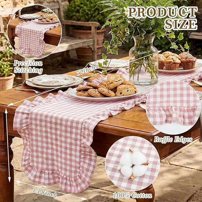 HunnmingRe 1 Pcs Light Pink Plaid Gingham Ruffle Table Runner 72 x 13.8'' Farmhouse Easter Table Runner 100% Cotton Scalloped Long Dresser Scarves for Dining Room, Wedding, Kitchen Rustic Home Decor