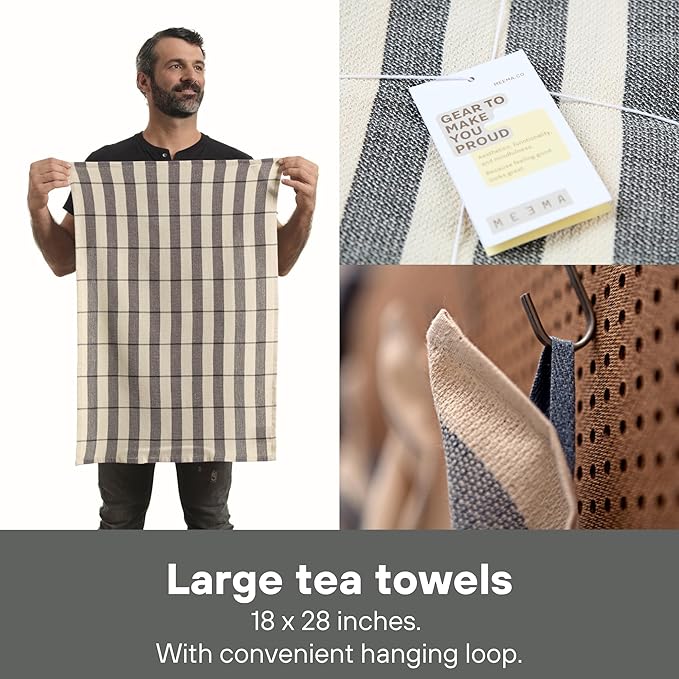MEEMA Upcycled Spring Kitchen Towels Cotton Fabric | Super Absorbent Hand Towels with Hanging Loop | Cleaning Rags and Dish Towels for Kitchen | Charcoal Stripes | Large 18 x 28 Inch | 4-Pack