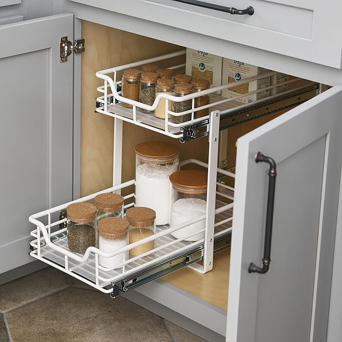 Household Essentials Glidez Multipurpose Powder-Coated Steel Pull-Out/Slide-Out Storage Organizer with Plastic Liners 2-Tier Dual-Slide Design, White