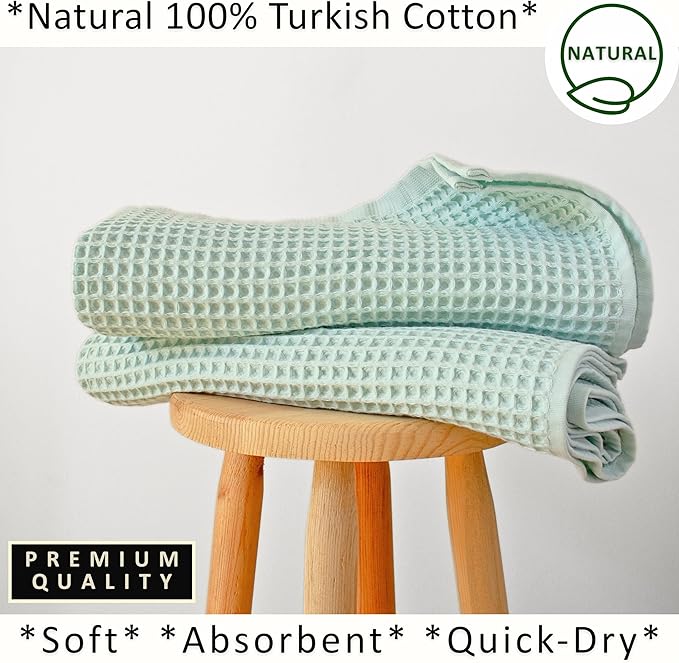 PÜSKÜL Natural 100% Turkish Cotton Waffle Bath Towels Set of 2-Piece | 32x63 inch Extra Large Absorbent Quick-Dry Lightweight Spa Towel | Luxury Sauna Accessories (Ice Green Bath Towels - Pack of 2)