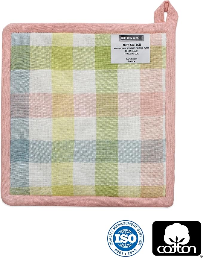 COTTON CRAFT Oven Mitt and Pot Holder Set - Gingham Buffalo Check 2 Oven Mitts 2 Pot Holders Set - Easter Spring Cotton Extra Long Mitt - Insulated Heat Resistant Quilted Kitchen Glove - Yellow Multi