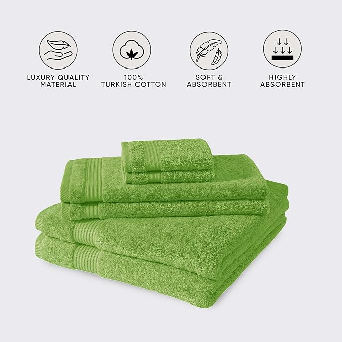 Classic Turkish Towels CTT - Luxury 6 Piece Towel Set, 100% Turkish Cotton, Quick Drying, Highly Absorbent & Comfy, Includes 2 Bath Towels, 2 Hand Towels & 2 Washcloths | (Green)