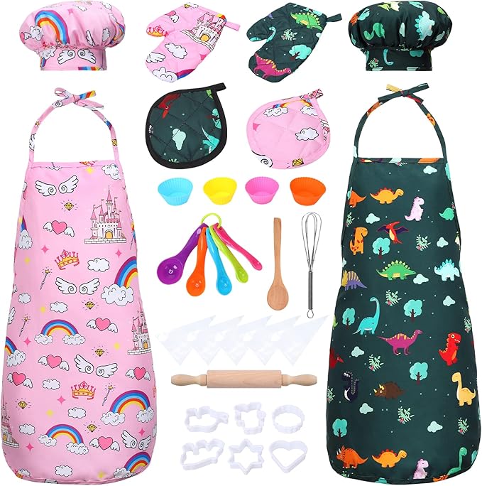 Kids Cooking and Baking Chef Set, 2 Pcs Apron (Pink Green) Chef Hat Accessories Complete Cooking Set, Dress Up Pretend Play Career Role Play Costume Toys Thanksgiving for Boys Girls