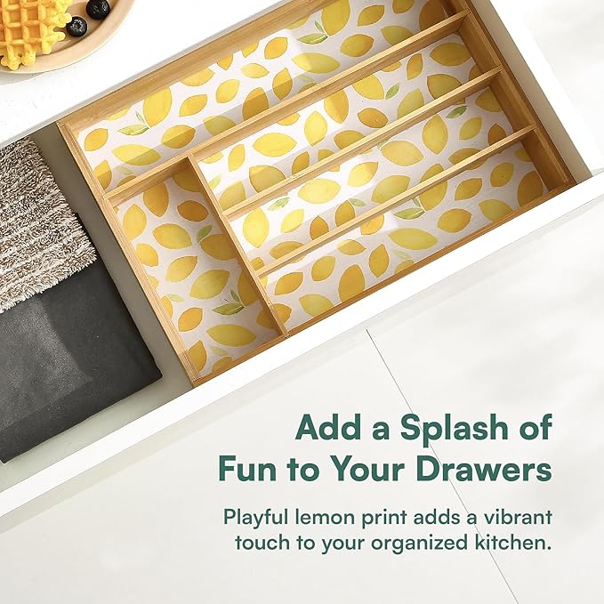 Pristine Bamboo Drawer Organizer - Silverware Organizer with 5 Slots, Lemon Print