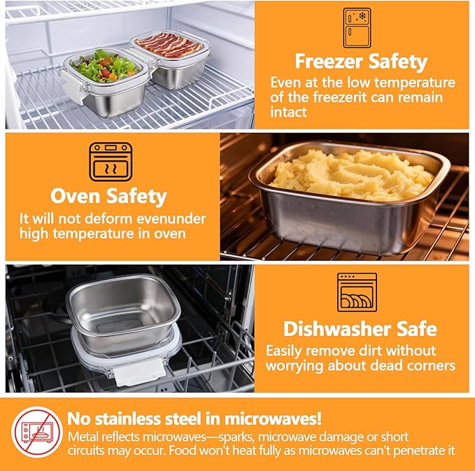 3 Pack Stainless Steel Reusable Snack Containers with Lids - 8.45 oz Small Metal Snack & Lunch Food Boxes, Shatterproof Leakproof Freezer Safe Meal Prep Containers for Portioning Snacks, Dips