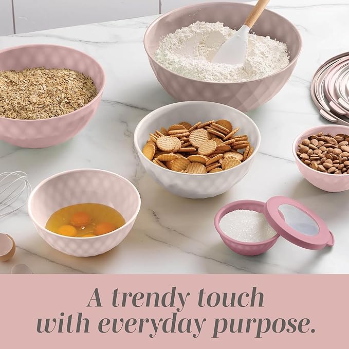 COOK WITH COLOR Mixing Bowls with Lids - 12 Piece Plastic Nesting Bowls Set includes 6 Prep Bowls and 6 Lids, Microwave Safe Mixing Bowl Set, Pink Diamond