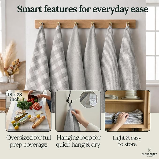 CLOUDSCAPE Kitchen Towels Set of 6 : Cotton-Blended Dish Cloths, Waffle Weave Quick-Drying Dish Towels for Kitchen Essentials, Highly Absorbent, Durable 18”x28” Hand Towels with Hanging Loop - Grey