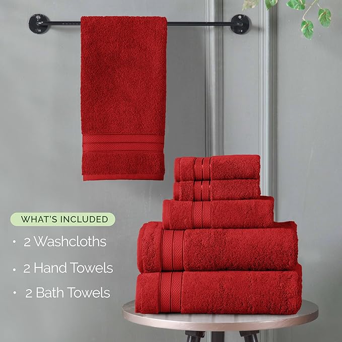 Elegant Comfort Luxury 6-Piece Towel Set, Premium Soft 100% Turkish Cotton, Three Line Popcorn Design 2 Bath Towels, 2 Hand Towels and 2 Washcloths Towel Set - Quick-Drying and Absorbent, Red
