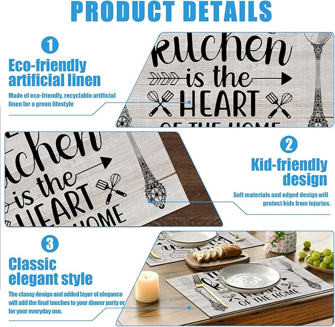 The Kitchen is The Heart of The Home Placemats Set of 6, Washable Linen Place Mat Heat Resistant Non Slip Kitchen Dining Table Mats 12x18 Inch