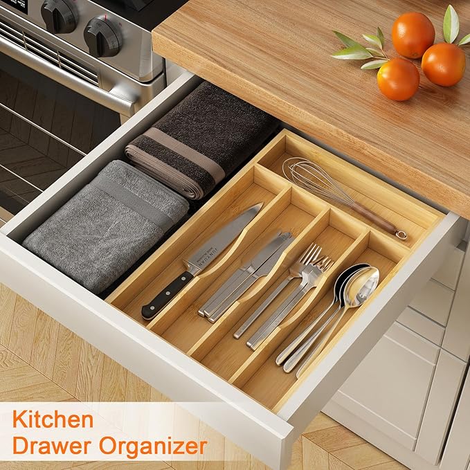Youpehom Bamboo Utensil Organizer for Kitchen Drawers, Utensil Tray and Cutlery Silverware Holder,Wood Drawer Dividers with 5 Slots